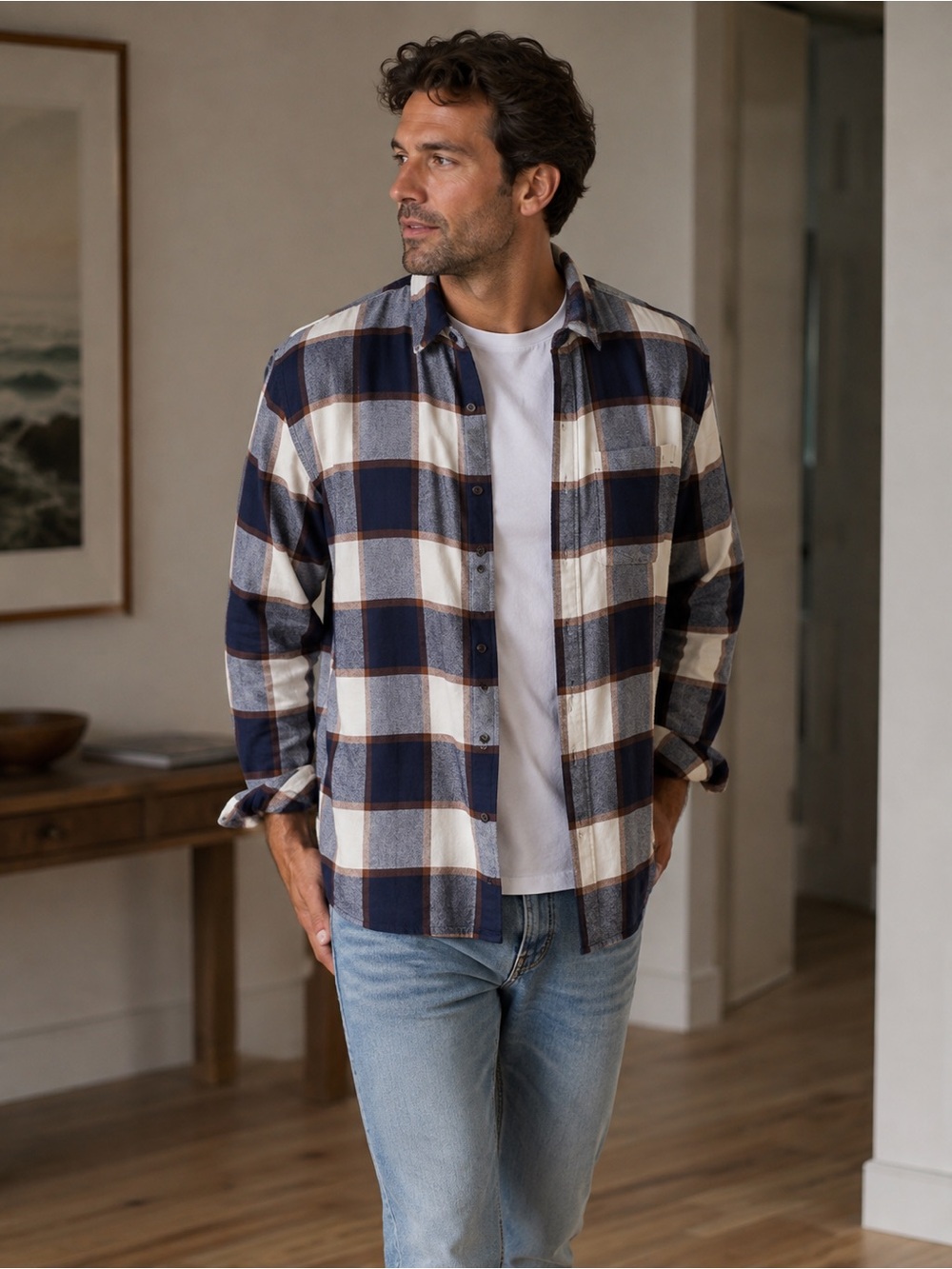 Men's Simons Navy & White Plaid Button-Up Flannel Shirt - Picture 1 of 3